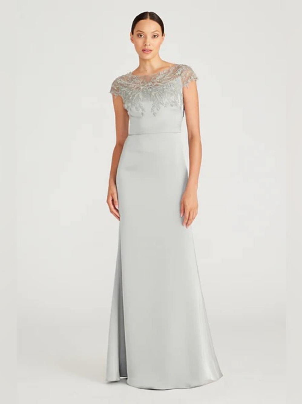Theia Cosette Silver Lace-Embellished Maxi Gown